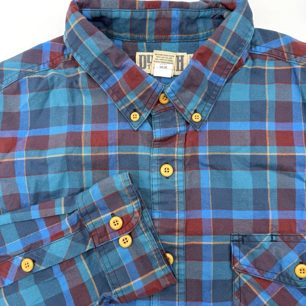 Duluth Trading Co Button Down Men XL Tall Blue Plaid Relaxed Fit Cotton Workwear